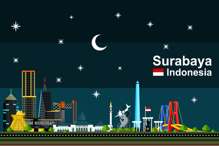 シンプルなフラット スタイルのイラスト日本で大阪の夜 有名な建造物 観光天保山観覧車 大阪城 天王寺 通天閣が含まれてなど のイラスト素材 ベクタ Image