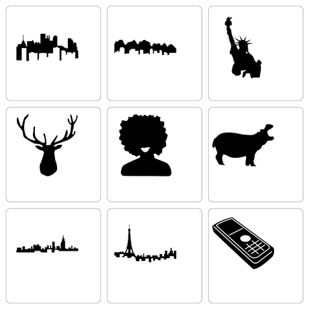 Set Of 9 simple editable icons such as cell phone, paris, alabama, hippo, afro, elk head, statue of liberty, utah, pennsylvania state, can be used for mobile, web