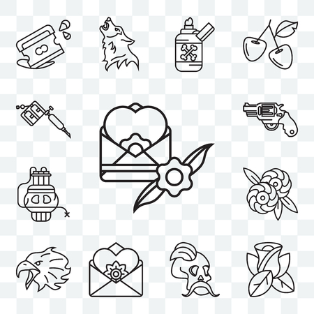 Set Of 13 transparent editable icons such as Envelope, Rose, Skull, Letter, Eagle, Flowers, Dinamite, Gun, Tattoo Machine, web ui icon pack Vector Illustration