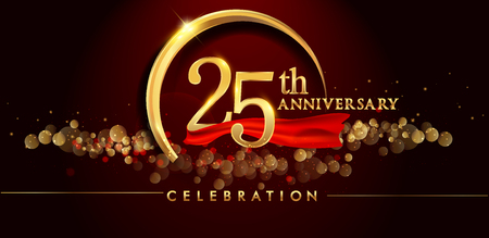 25th anniversary logo with golden ring, confetti and red ribbon isolated on elegant black background, sparkle, vector design for greeting card and invitation card