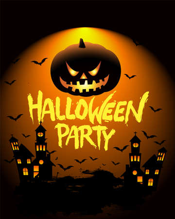 Happy halloween poster, night background with creepy pumpkins, illustration. vector elements for banner, greeting card halloween celebration. Фото со стока