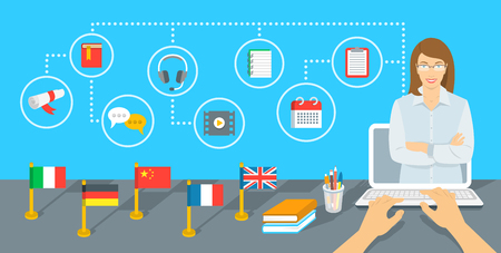 Online Internet language courses flat infographic element. Foreign languages study using computer. English teacher with education icons and flags of different countries standing on a table