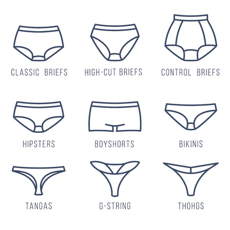 男性下着の種類フラット シルエット アイコンを設定します 男はブリーフのファッションスタイルです 正面から見た図 下着インフォ グラフィック デザイン要素です 古典的なブリーフ ボクサー トランクス ビキニ 文字列 ひも 分離されました のイラスト素材