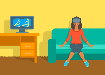 バーチャルリアリティ眼鏡 Vr の若い女性は 自宅のコンピューターとテーブルの近くのソファーに座っていたボックスです フラットのベクター イラストです 仮想の娯楽のための 3 D の技術デバイス 電子ゲームのヘッドセットのイラスト素材 ベクタ Image