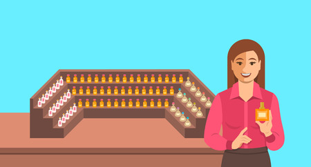 香水器官の近くの香水 異なるガラス瓶の香水混合物と棚の近くに新しいカスタムメイドの香り組成物とスプレーを保持している若い女性 香水ベクター漫画の背景のイラスト素材 ベクタ Image 香水器官の近くの香水 異なるガラス瓶の香水混合物と棚の近くに新しいカスタムメイドの香り組成物とスプレーを保持している若い女性 香水ベクター漫画の背景のイラスト素材 ベクタ Image