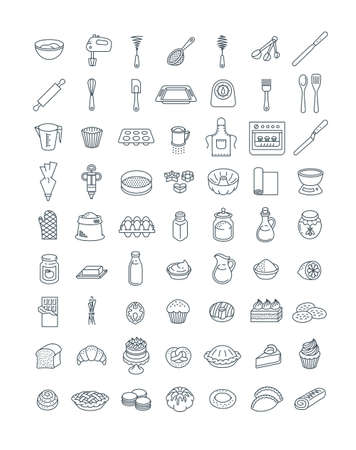 Ensemble d'icônes de fine ligne de cuisson à la maison. ustensiles de cuisine pour cuisiner des aliments sucrés. ingrédients pour boulangerie maison. différents articles de pâtisserie. style linéaire dessiné à la main doodle fragmentaire