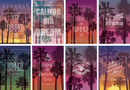 Sunset landscape vector: Set of Palms Exotic In với T-shirt. Summer Travel Background. Đảng và nghỉ banner. Thiên nhiên phong cảnh. Hình minh hoạ