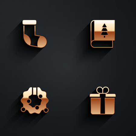 Set christmas stocking, book, wreath and gift box icon with long shadow. vector Векторная Иллюстрация