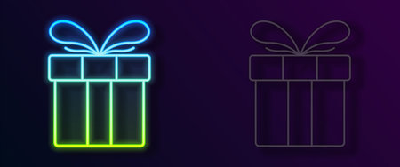 Glowing neon line gift box icon isolated on black background. merry christmas and happy new year. vector