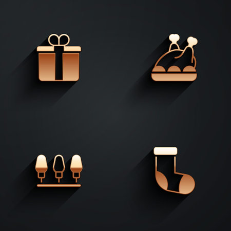 Set gift box, roasted turkey or chicken, christmas lights and stocking icon with long shadow. vector Фото со стока