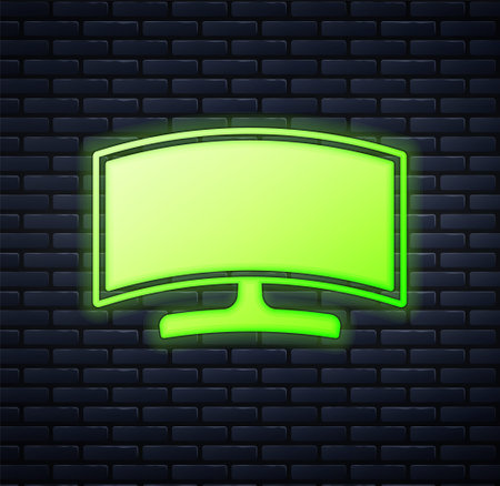 Glowing neon computer monitor icon isolated on brick wall background pc component sign vector Stock Photo