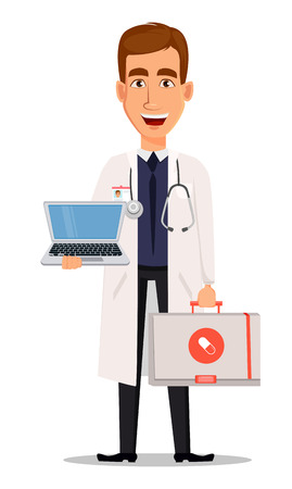 若いプロの医者が手を振る 医療従事者病院のスタッフ 白い背景に漫画の文字 ベクトルイラスト のイラスト素材 ベクタ Image