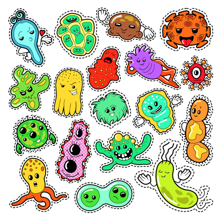 Funny characters bacteria and microbes set for stickers, badges, patches. vector doodle
