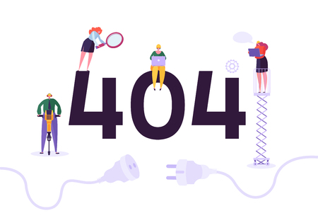 Website under construction. 404 page maintenance with characters workers in uniform repairing network problem. web page not found. vector illustration