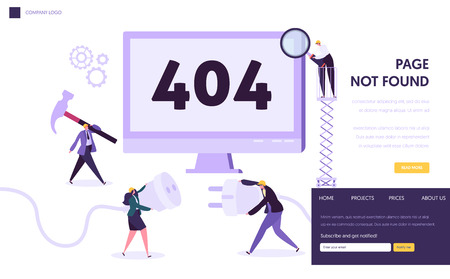 404 maintenance error landing page template. page not found under construction concept with characters workers fixing internet problem for website. vector illustration
