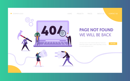 404 maintenance error landing page template. page not found under construction concept with characters workers fixing internet problem for website. vector illustration