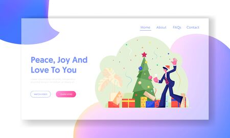New Year Corporate Party Website Landing Page. Happy Businessman Manager in Santa Hat Celebrate Christmas Holiday in Office with Champagne and Fir Tree Web Page Banner Cartoon Flat Vector Illustration