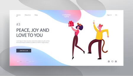 Joyful Friends or Colleagues Celebrating New Year 2020 Website Landing Page. Happy Business Man and Woman in Funny Mouse Costumes Having Office Party Web Page Banner. Cartoon Flat Vector Illustration