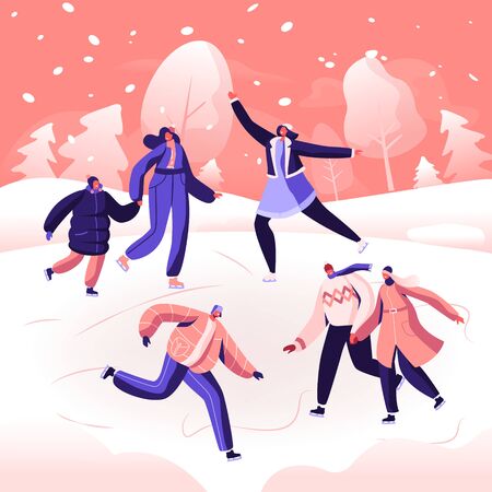 Happy people wearing warm clothes skating on frozen pond. skaters on ice rink engaged winter activities and sports. winter holidays festive season, family spare time. cartoon flat vector illustration Фото со стока