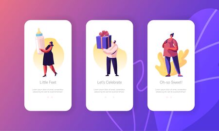 Baby Shower Mobile App Page Onboard Screen Set. Happy People Celebrate Soon Child Birthday Visiting Pregnant Girl Vector Illustration
