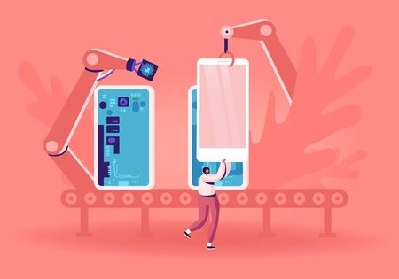 Huge robot arms assemble smartphone or tablet on conveyor put microcircuits and chips inside. customer take mobile phone from belt on tech industry production factory. cartoon flat vector illustration