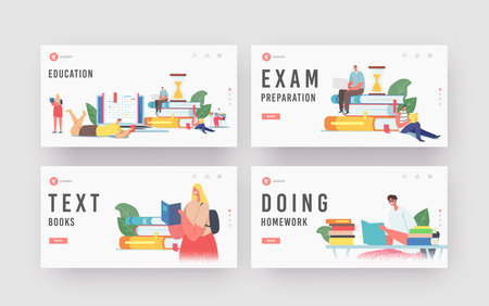 Students prepare for examination, get knowledge landing page template set. tiny characters reading on huge books pile. woman and man bookworms spend time in library. cartoon people vector illustration