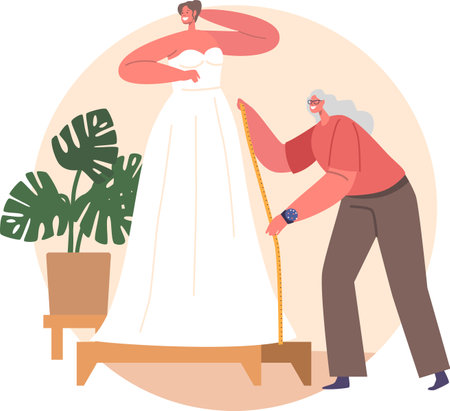 bride getting measured for white wedding dress clip art preview