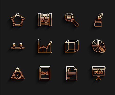 Set line chalkboard, calculation, geometric figure sphere, infinity, cube, sigma symbol, equation solution and function mathematical icon. vector