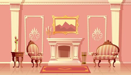 Vector cartoon illustration of luxury living room with fireplace, ballroom or hallway with pilasters in royal palace. rich interior with furniture in baroque or rococo style. fairytale game background