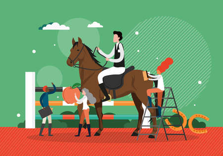 Groom, stableman feeding, cleaning thoroughbred equestrian show horse, vector illustration. professional horse grooming. Stock Photo