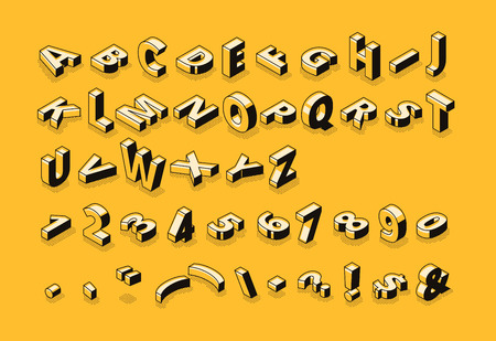 Isometric letters halftone font vector illustration of thin line cartoon abstract alphabet typography, numbers and symbols or signs in geometric shape 3d style on yellow background Banco de Imagens