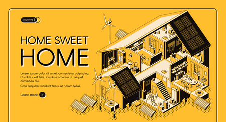 Energy Self-sufficient House Isometric Vector Web Banner, Landing Page. Cottage Rooms Cross Section Interiors Or Plan, Electricity Alternative Technologies, Renewable Energy Solutions Illustration