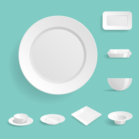 Empty white plates set isolated vector illustration templates dinner design blank clean tableware Imagens