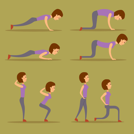 若い女性は 自宅で運動します フィットネス文字トレーニング 健康的な生活やダイエット概念ベクトル イラスト スポーツウェア魅力的軽量人の訓練 のイラスト素材 ベクタ Image