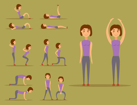 若い女性は 自宅で運動します フィットネス文字トレーニング 健康的な生活やダイエット概念ベクトル イラスト スポーツウェア魅力的軽量人の訓練 のイラスト素材 ベクタ Image