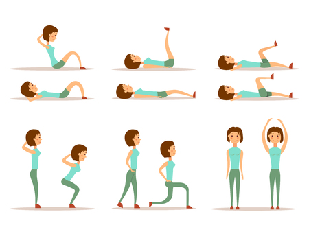 若い女性は 自宅で運動します フィットネス文字トレーニング 健康的な生活やダイエット概念ベクトル イラスト スポーツウェア魅力的軽量人の訓練 のイラスト素材 ベクタ Image