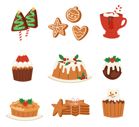 クリスマス料理ベクトル デザート休日の装飾クリスマス家族食堂甘いお祝い食事イラスト 伝統的なお祭り冬のケーキ自家製クリスマスパーティ のイラスト素材 ベクタ Image