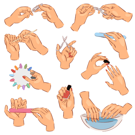 Manicure vector manicured hands and manicuring fingernails with nail file or scissors by manicurist in nail bar illustration set of beautiful mani with polish isolated on white background