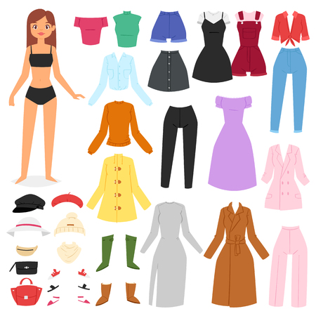 Clothes woman vector beautiful girl and dress up or clothing with fashion pants dresses or shoes illustration girlie set of female cloth hat or coat isolated on white background.