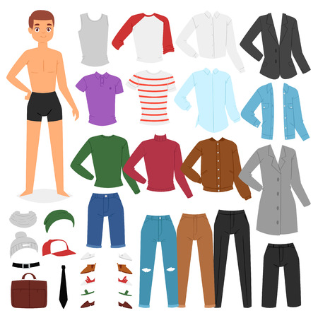Man clothing vector boy character dress up clothes with fashion pants or shoes illustration boyish set of male cloth for cutting cap or t-short isolated on white background.