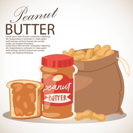 Peanut butter banner vector illustration. Piece of bread with butter. Food paste or spread made from ground dry-roasted peanuts. Sack full of products. Breakfast or lunch.