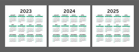 Calendar 2023 2024 and 2025 years square vector calendar design template english set week starts on sunday january february march april may june july august september october november december Фото со стока