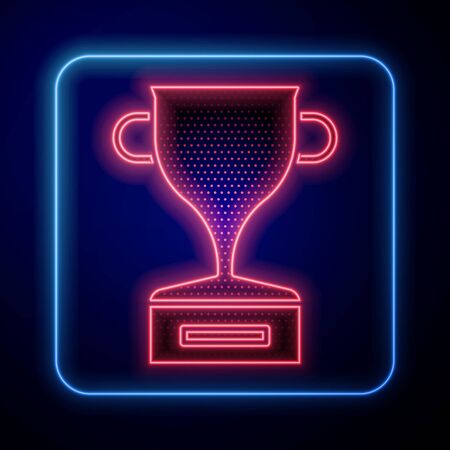 Glowing neon award cup icon isolated on blue background. winner trophy symbol. championship or competition trophy. sports achievement sign. vector illustration