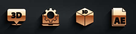 Set speech bubble with text 3d, laptop and gear, isometric cube and ae file document icon with long shadow. vector