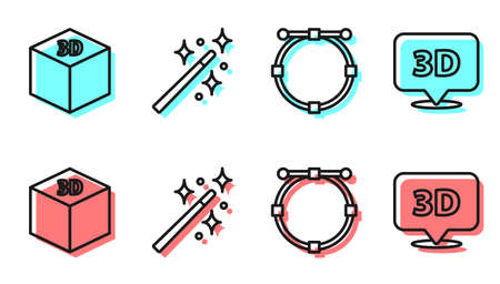 Set line circle with bezier curve, isometric cube, magic wand and speech bubble with text 3d icon. vector