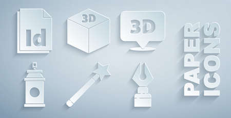 Set magic wand, speech bubble with text 3d, paint spray can, fountain pen nib, isometric cube and id file document icon. vector