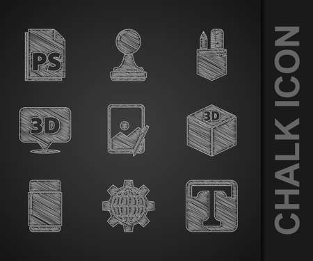 Set graphic tablet, globe of the earth and gear, text, isometric cube, eraser or rubber, speech bubble with text 3d, crossed ruler pencil and ps file document icon. vector