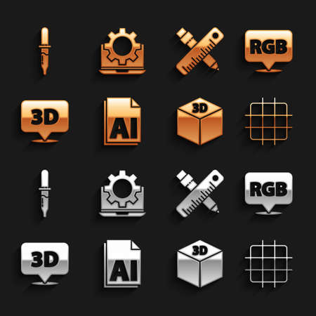 Set ai file document, speech bubble with rgb and cmyk, grid graph paper, isometric cube, text 3d, crossed ruler pencil, pipette and laptop gear icon. vector