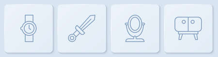 Set line wrist watch, round makeup mirror, medieval sword and tv table stand. white square button. vector
