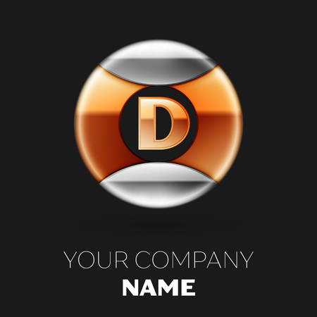 Realistic Golden Letter D Logo Symbol In The Silver Colorful Circle Shape On Black